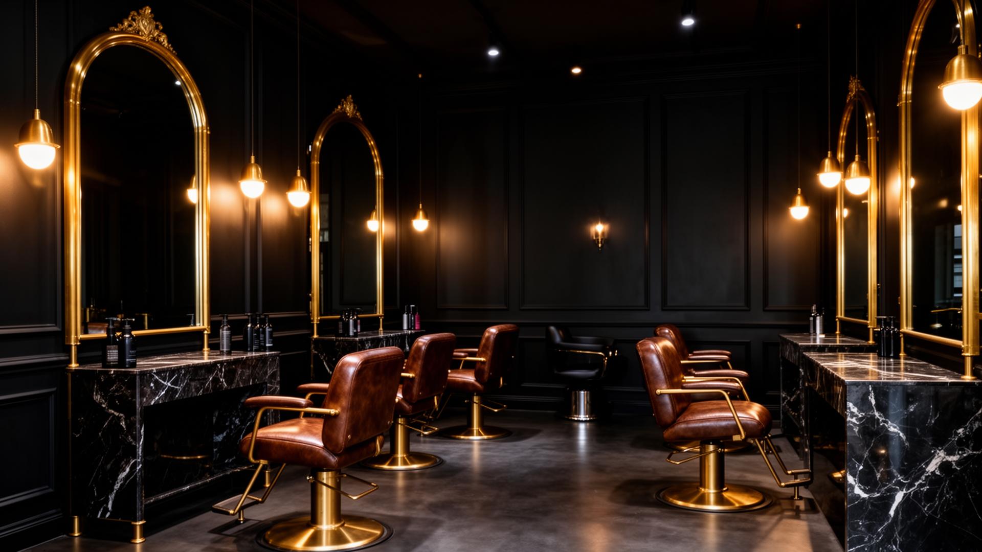 Donker luxe kapsalon interieur met goud accenten